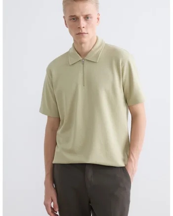 Tricou polo cu model uni si fenta cu fermoar, Verde pal