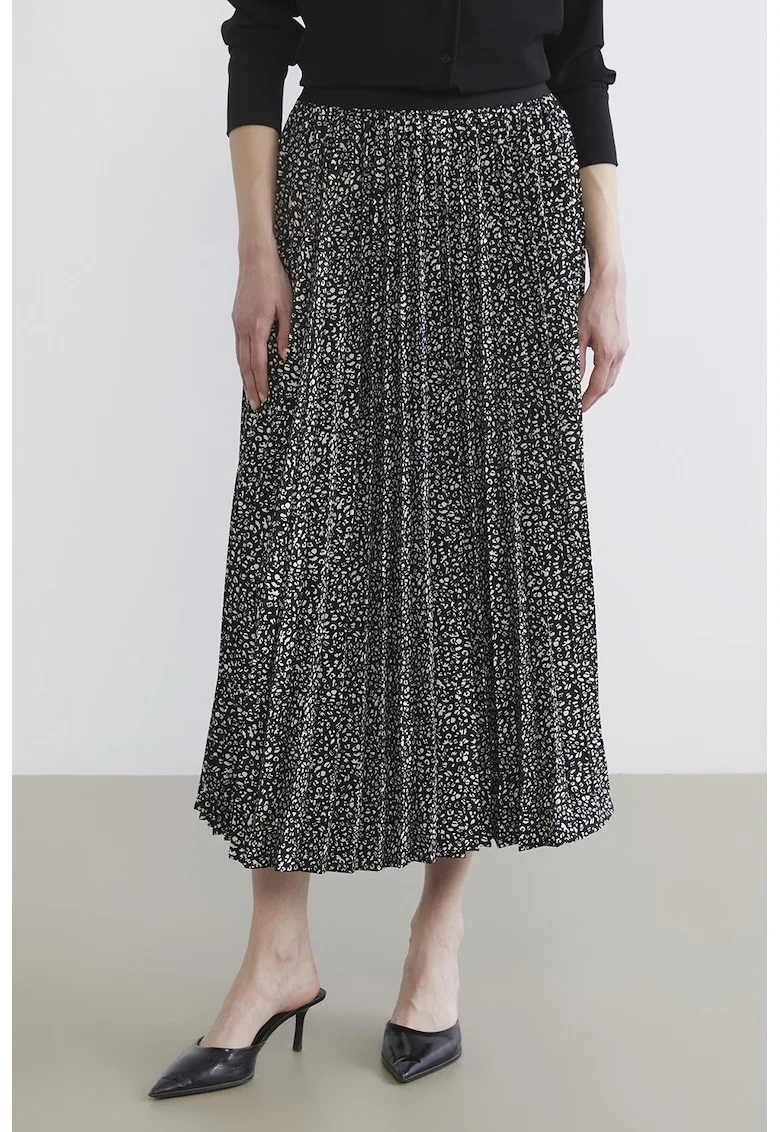 Fusta midi cu pliuri si animal print, Alb/Negru