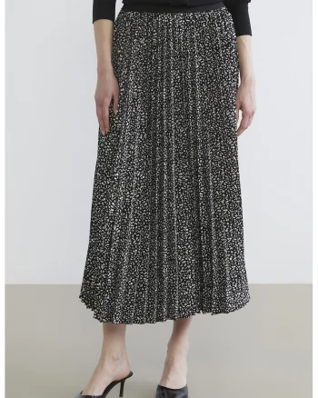 Fusta midi cu pliuri si animal print, Alb/Negru