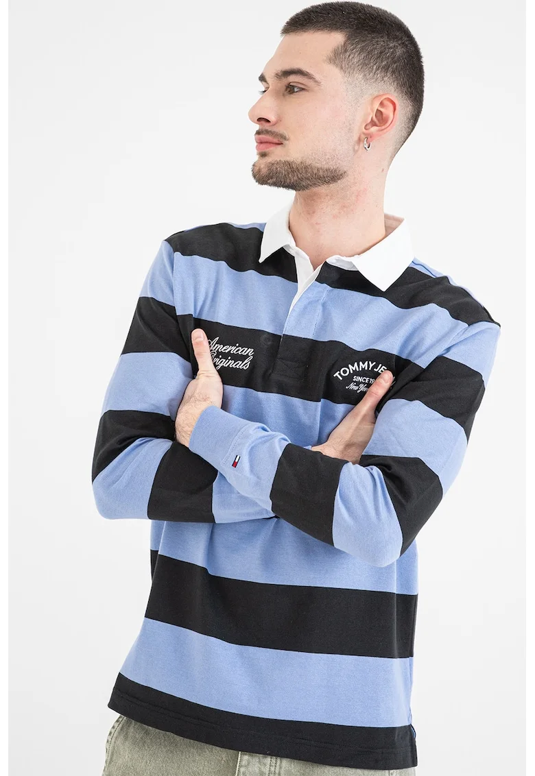 Bluza polo cu dungi, Negru/Albastru lavanda