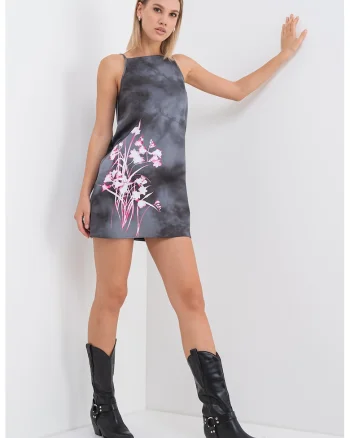 Rochie dreapta cu imprimeu contrastant, Verde pal/Roz