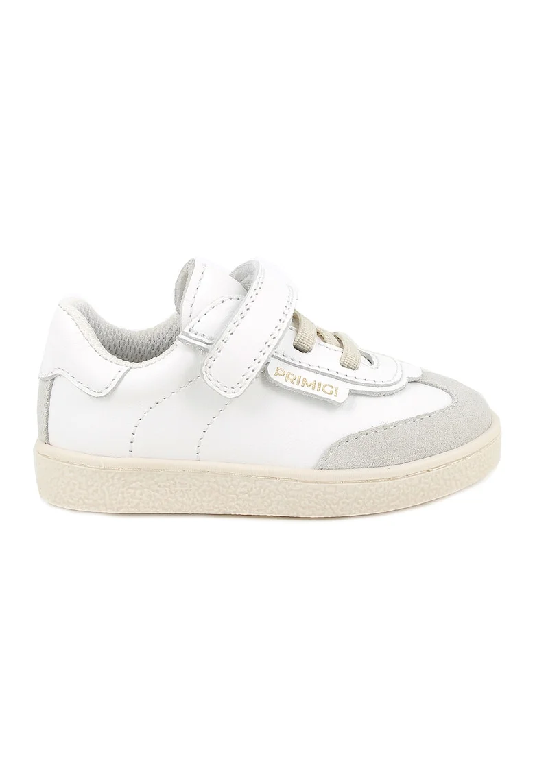Pantofi sport din piele cu inchidere velcro si garnituri din piele intoarsa, Alb/Gri deschis