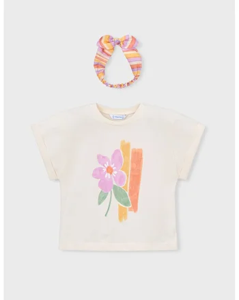 Set de tricou cu model floral si bentita cu funda - 2 piese, Roz/Crem
