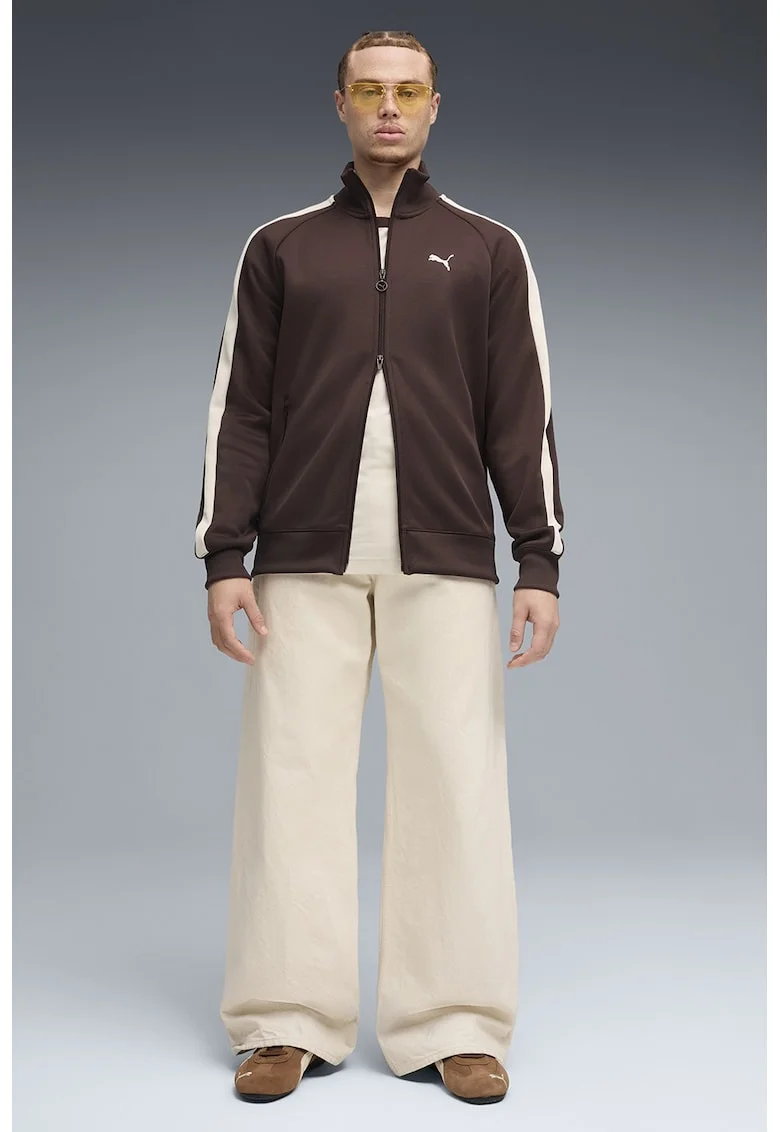 Bluza de trening regular-fit cu fermoar bidirectional T7 Always On, Maro inchis/Alb fildes