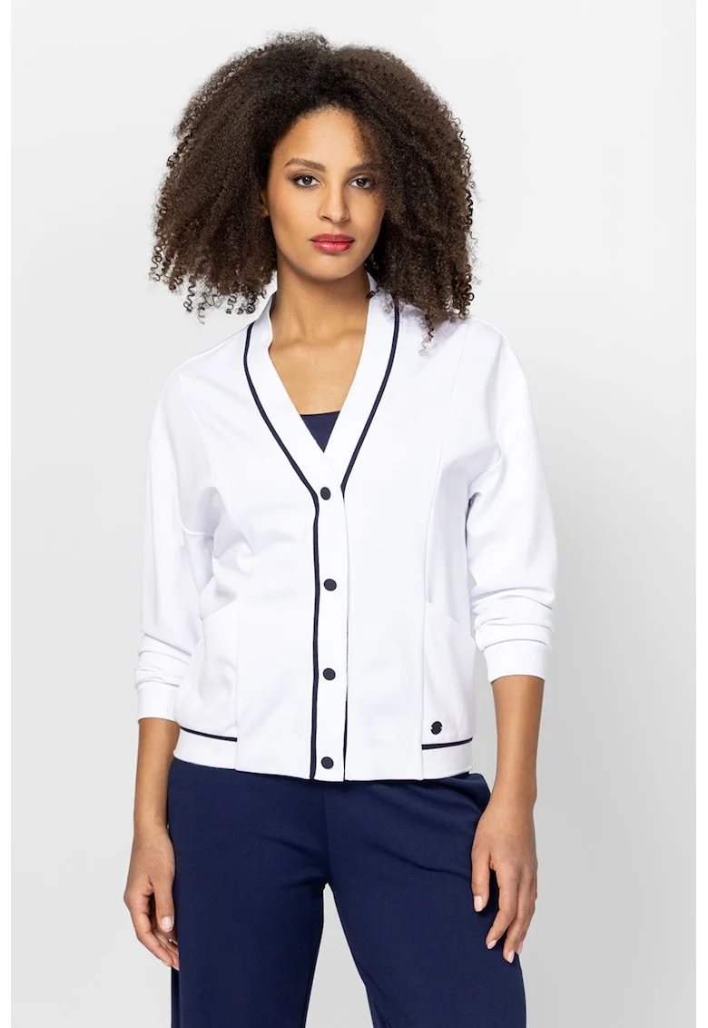 Cardigan cu decolteu in V si model uni Tikka, Alb/Bleumarin