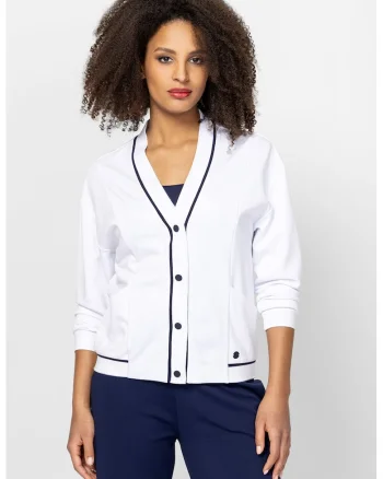Cardigan cu decolteu in V si model uni Tikka, Alb/Bleumarin