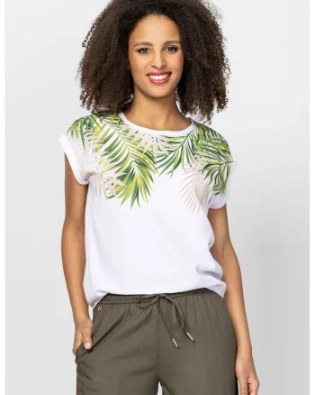 Tricou din amestec de modal cu imprimeu Monas, Alb/Verde
