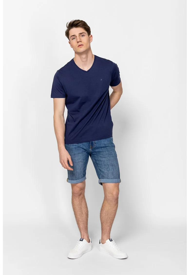 Tricou din bumbac cu decolteu in V, Bleumarin