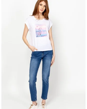 Tricou din amestec de modal cu imprimeu Monas, Alb/Roz/Albastru