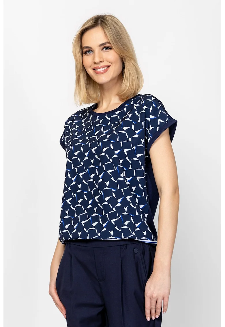 Tricou din amestec de modal cu model in doua tonuri Monsa, Alb/Bleumarin