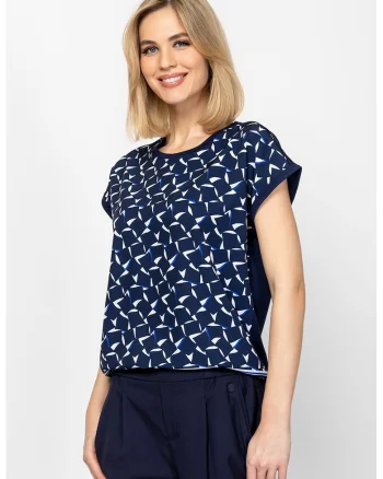 Tricou din amestec de modal cu model in doua tonuri Monsa, Alb/Bleumarin