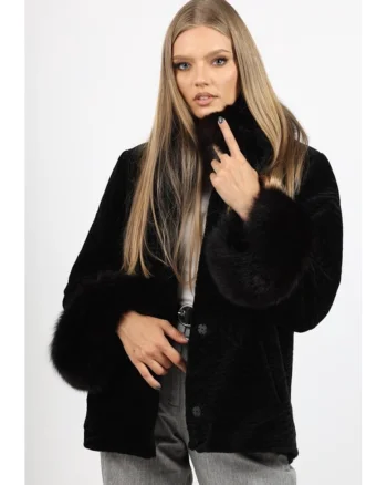 Capa de Dama din Blana de Miel Australian si Guler din Vulpe Argintie, Model Mirela, Negru