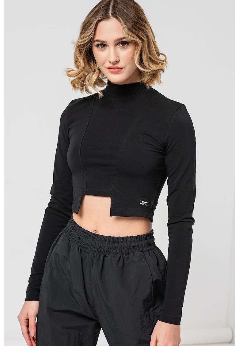 Bluza crop din amestec de bumbac pentru fitness, Negru