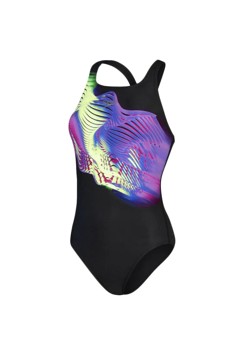 Costum de baie  Medalist, negru, design cu valuri, rezistent la clor