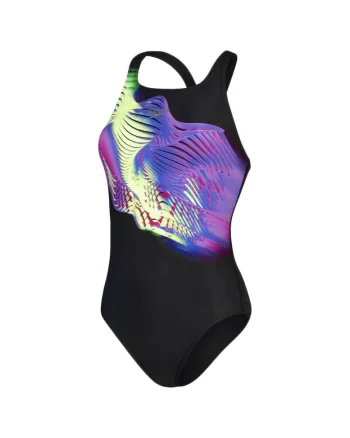 Costum de baie  Medalist, negru, design cu valuri, rezistent la clor
