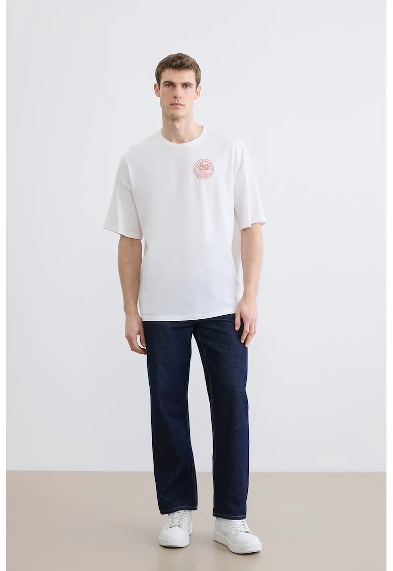 Tricou de bumbac cu decolteu la baza gatului, Alb/Portocaliu