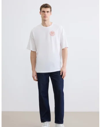Tricou de bumbac cu decolteu la baza gatului, Alb/Portocaliu