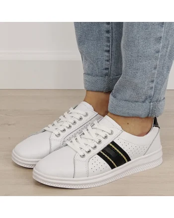 Sneakersi albi cu detalii negre din piele naturala 5088 M7 19364, Alb