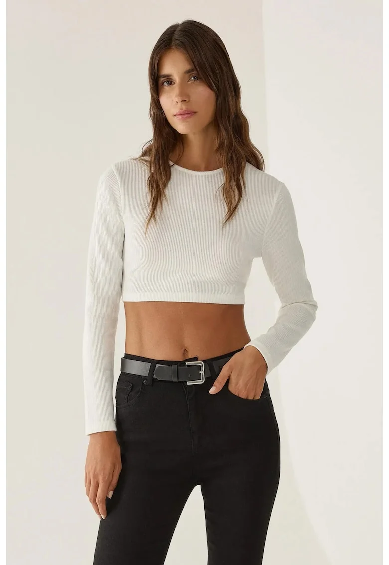 Bluza crop,  slim fit, bumbac Alb prafuit, Alb