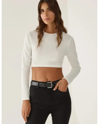 Bluza crop,  slim fit, bumbac Alb prafuit, Alb