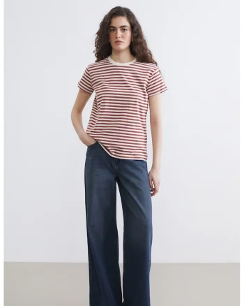 Tricou de bumbac cu dungi, Alb/Rosu inchis