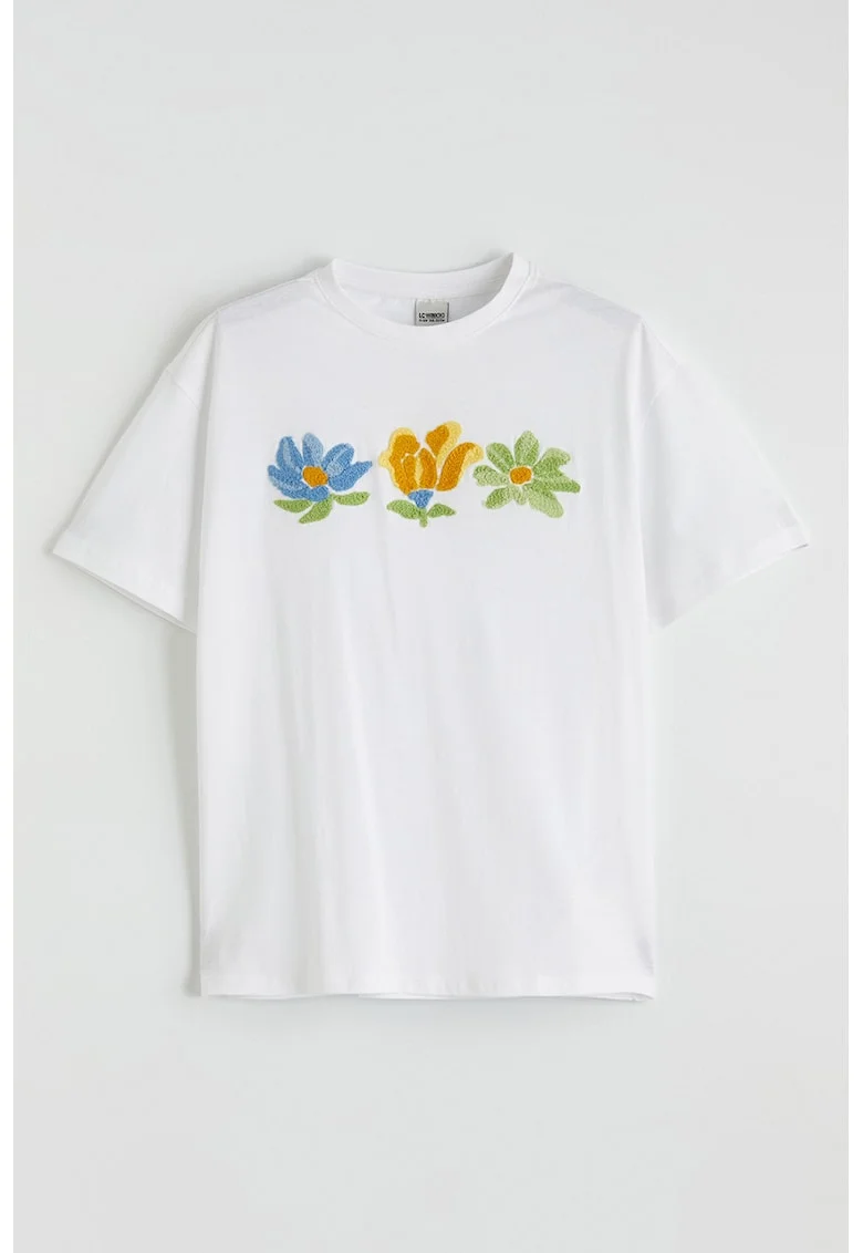 Tricou de bumbac cu aplicatie florala, Alb/Verde/Portocaliu