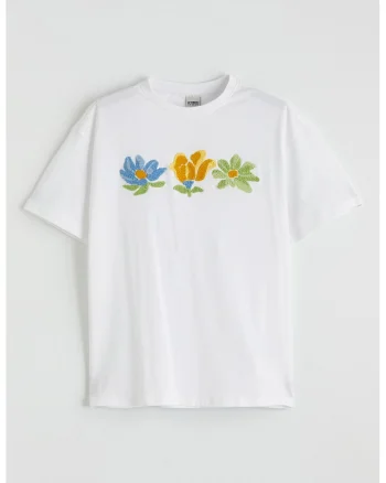 Tricou de bumbac cu aplicatie florala, Alb/Verde/Portocaliu