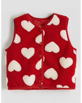 Vesta din fleece cu model inimi, Rosu/Alb