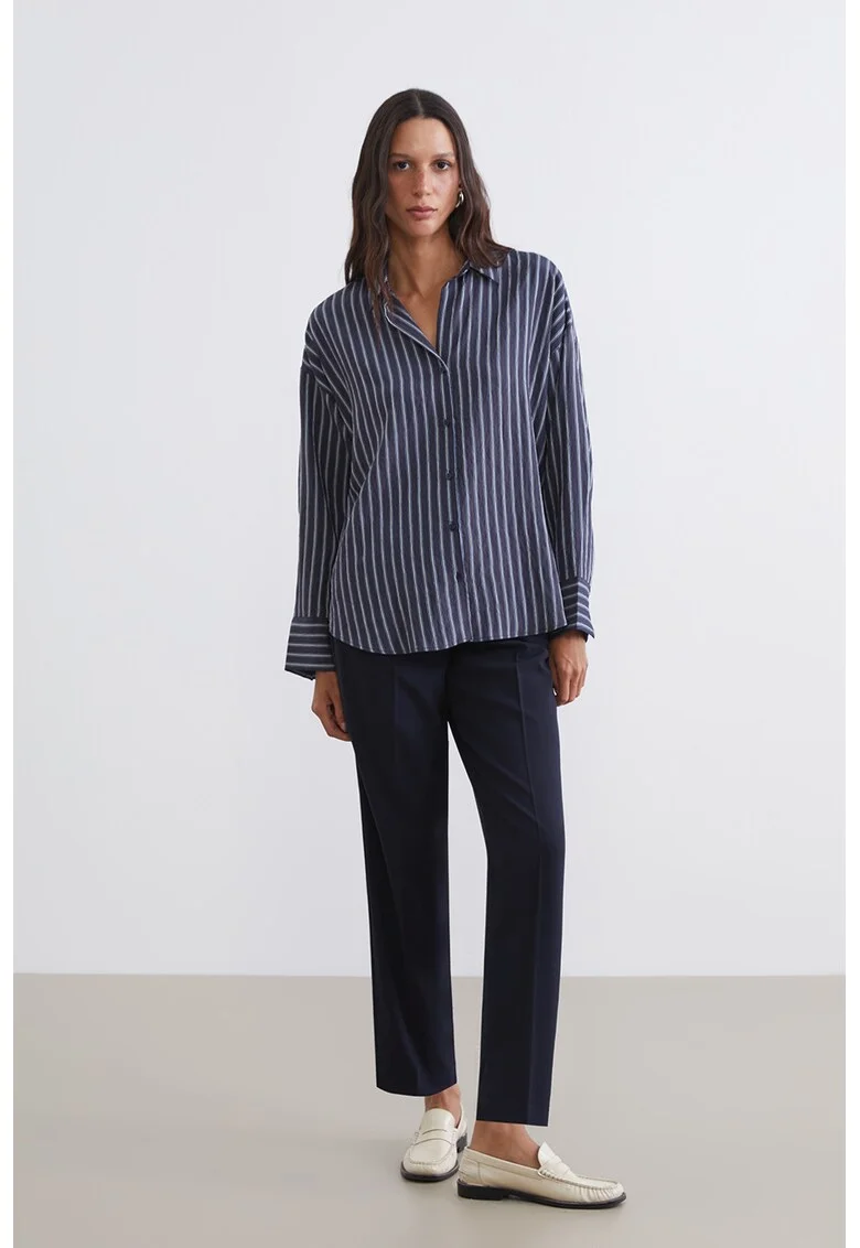 Camasa cu model in dungi si maneci cazute, Negru/Albastru indigo