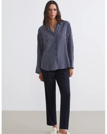 Camasa cu model in dungi si maneci cazute, Negru/Albastru indigo