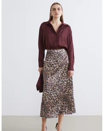 Fusta midi cu model animal print, Maro inchis/Negru/Maro camel