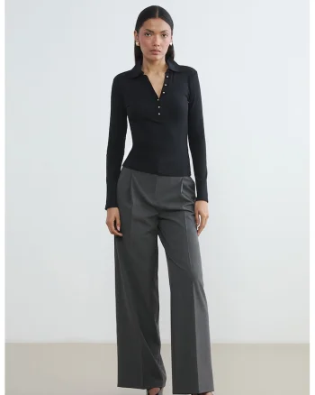 Bluza slim fit cu guler cu nasturi, Negru