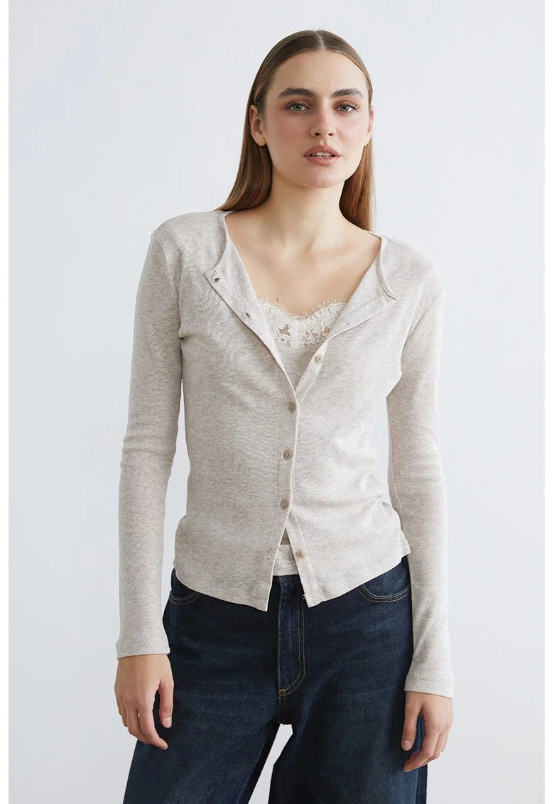 Cardigan tricotat fin cu nasturi, Alb fildes
