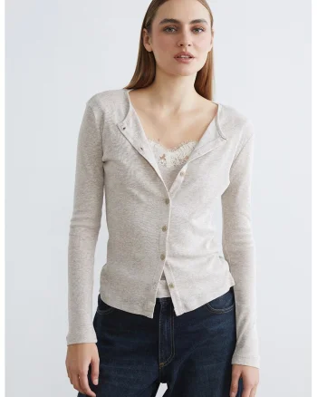Cardigan tricotat fin cu nasturi, Alb fildes