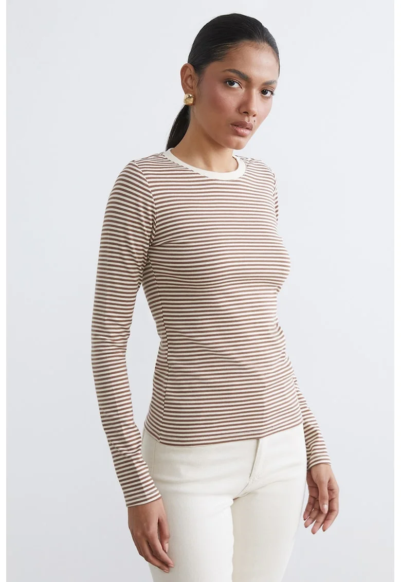 Bluza slim fit cu model in dungi, Maro/Bej deschis
