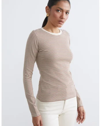 Bluza slim fit cu model in dungi, Maro/Bej deschis