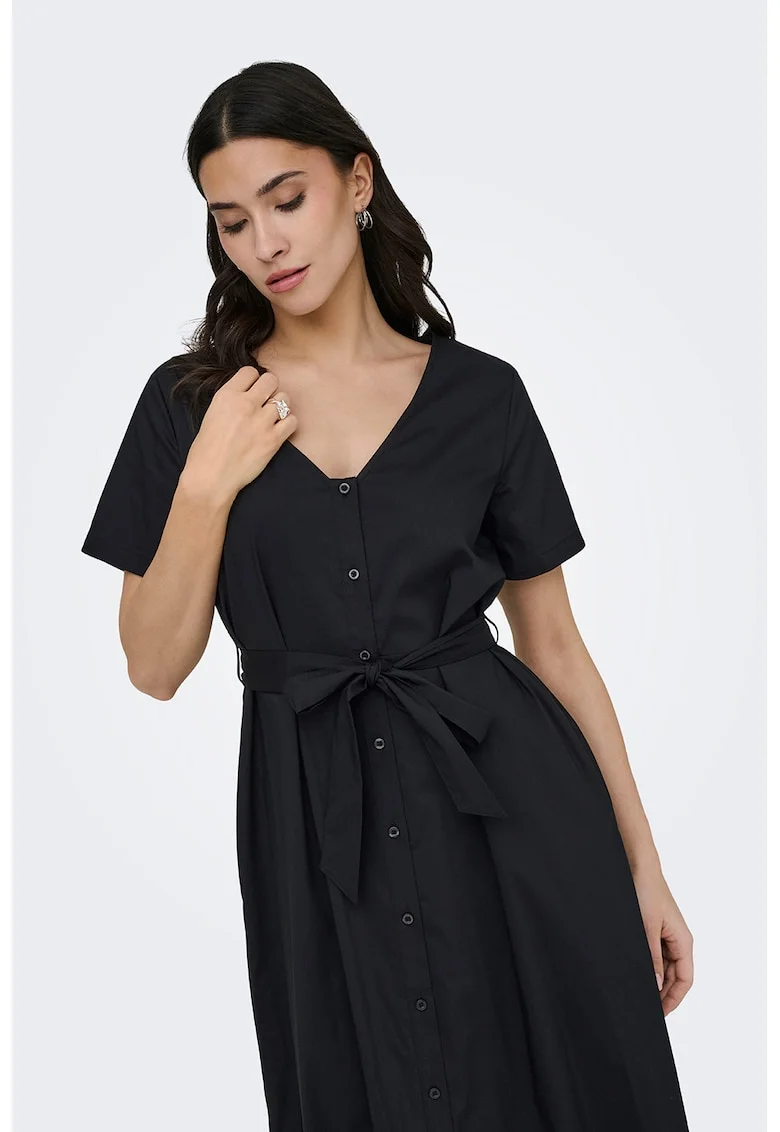 Rochie-camasa cu decolteu in V si cordon in talie, Negru