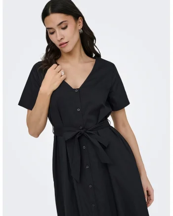 Rochie-camasa cu decolteu in V si cordon in talie, Negru