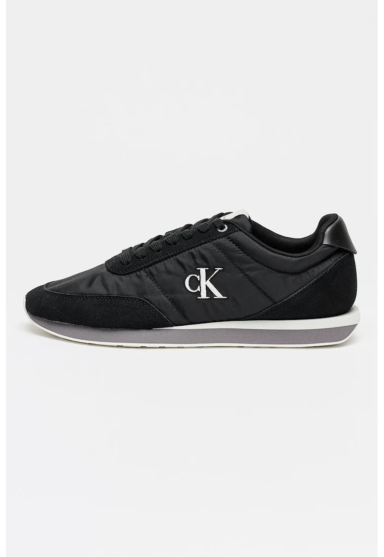 Pantofi sport cu insertii din piele intoarsa Retro Runner, Negru/Alb optic