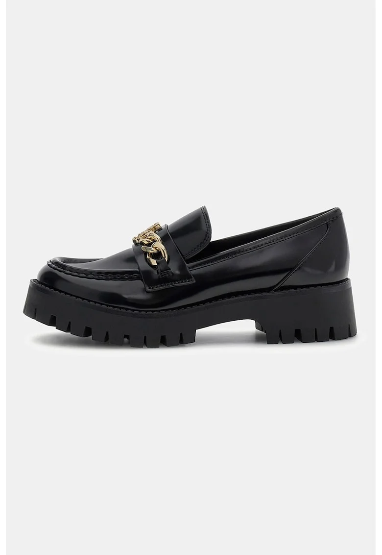 Pantofi loafer cu talpa demi-wedge si detaliu cu lant, Negru