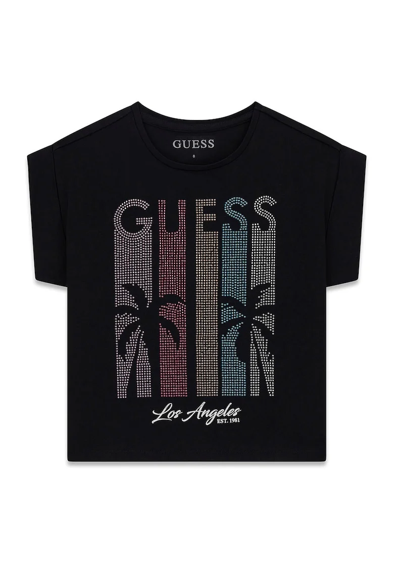 Tricou cu imprimeu logo cu strasuri, Negru