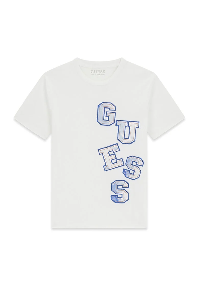 Tricou cu decolteu la baza gatului si imprimeu logo, Alb/Albastru