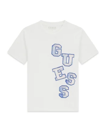 Tricou cu decolteu la baza gatului si imprimeu logo, Alb/Albastru