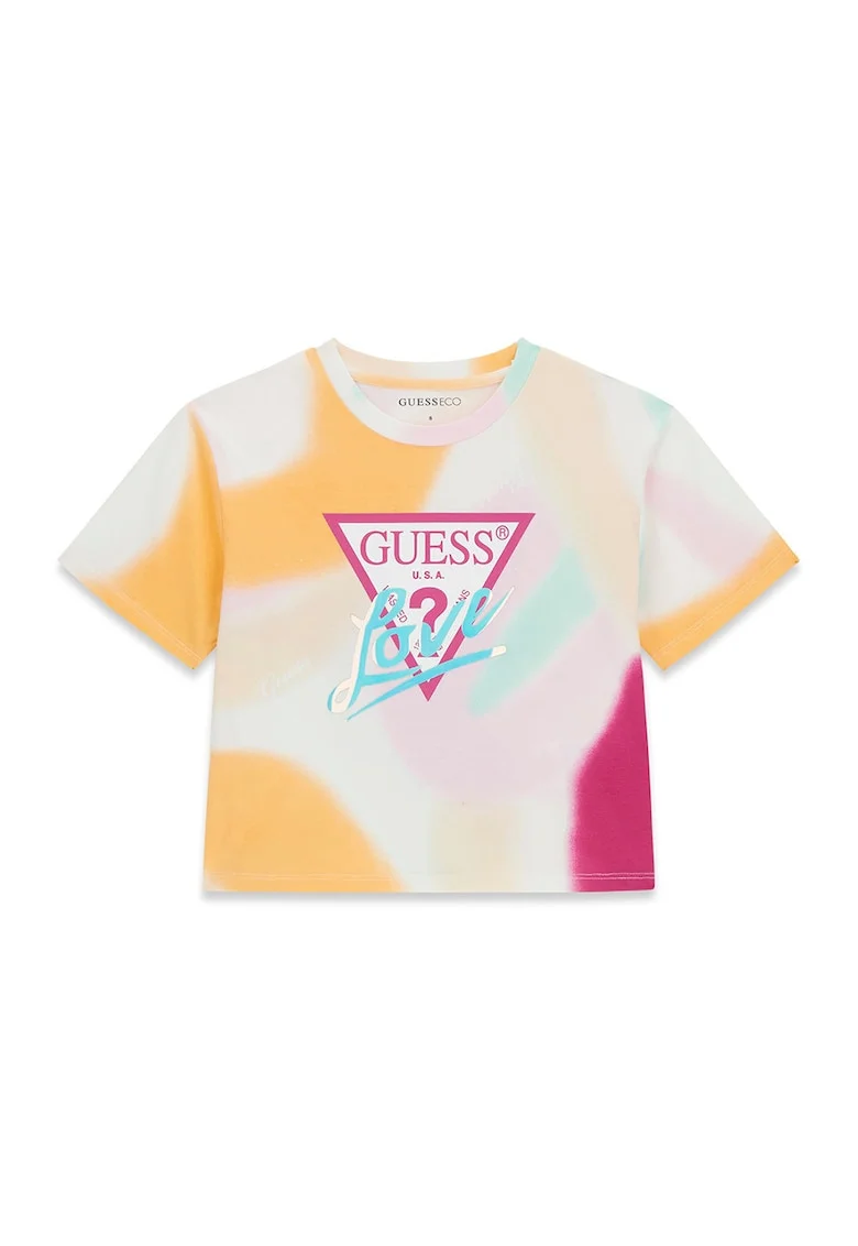 Tricou cu model floral si imprimeu logo, Portocaliu/Roz/Albastru