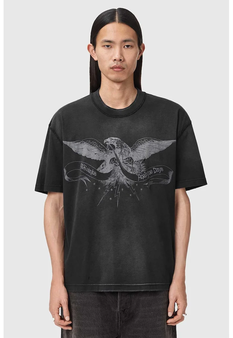 Tricou lejer cu imprimeu grafic, Negru stins