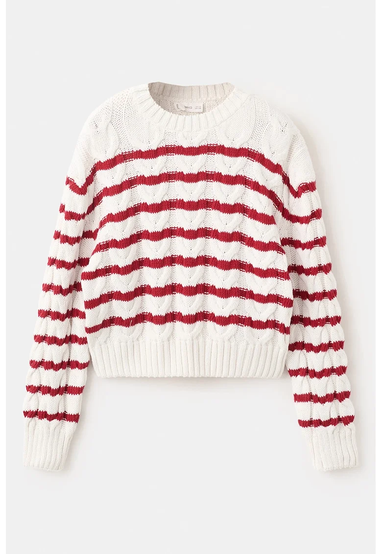 Pulover cu dungi si model torsade, Rosu/Alb murdar
