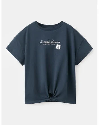 Tricou de bumbac cu model grafic, Alb murdar/Bleumarin