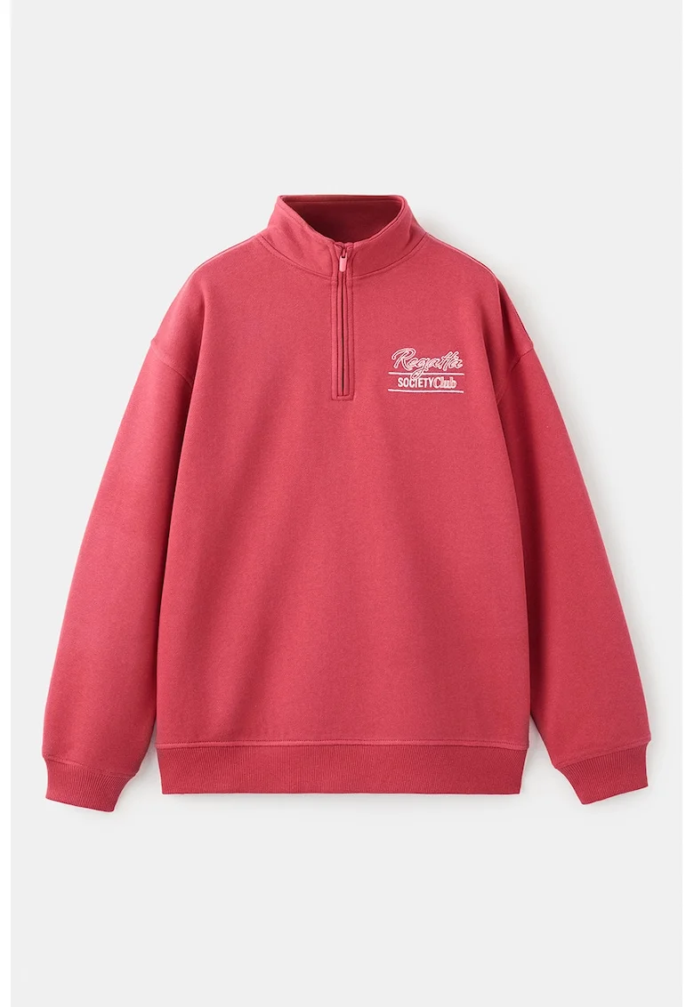 Bluza de trening cu imprimeu si fenta cu fermoar, Rosu