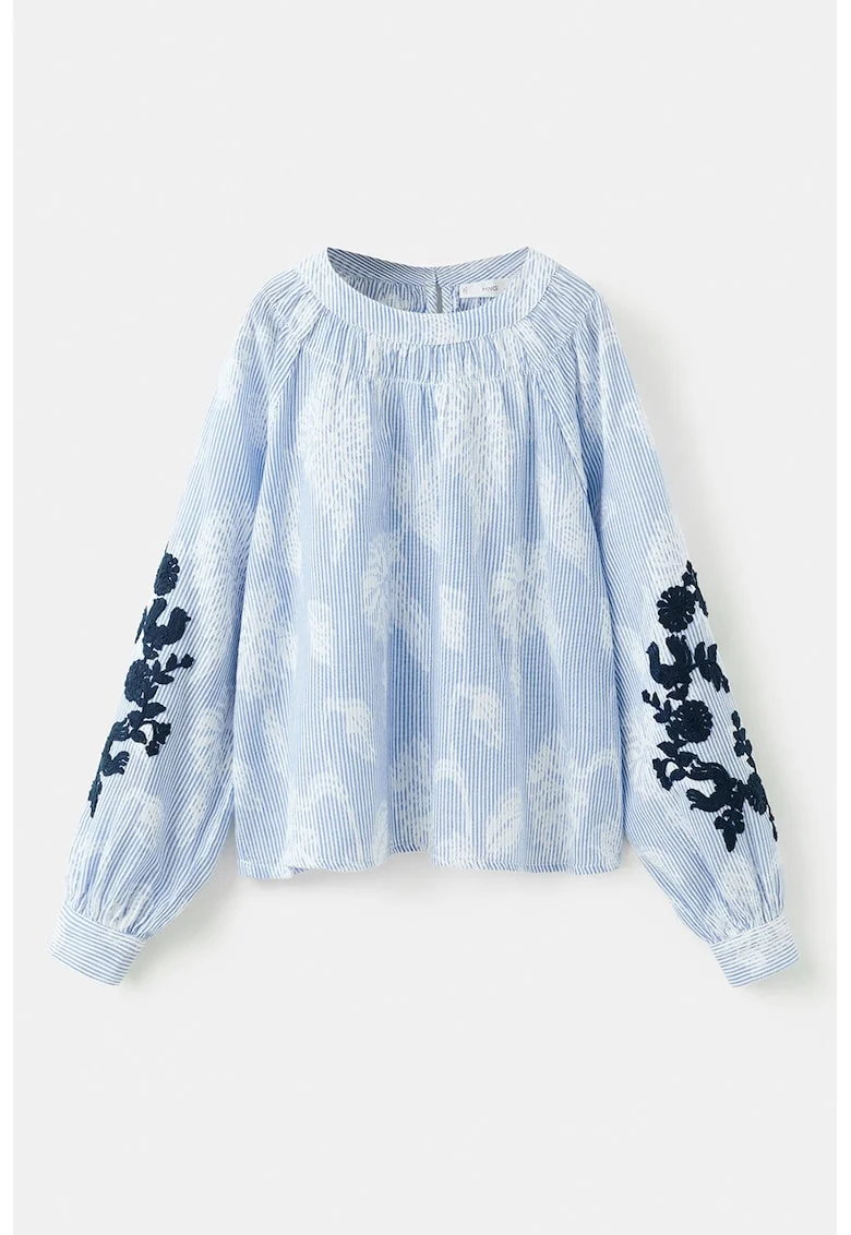 Bluza vaporoasa cu broderie, Albastru pastel/Negru stins/Alb murdar