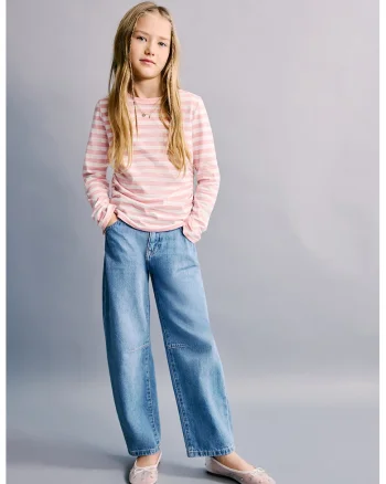 Bluza cu decolteu la baza gatului si dungi, Roz pastel/Alb murdar
